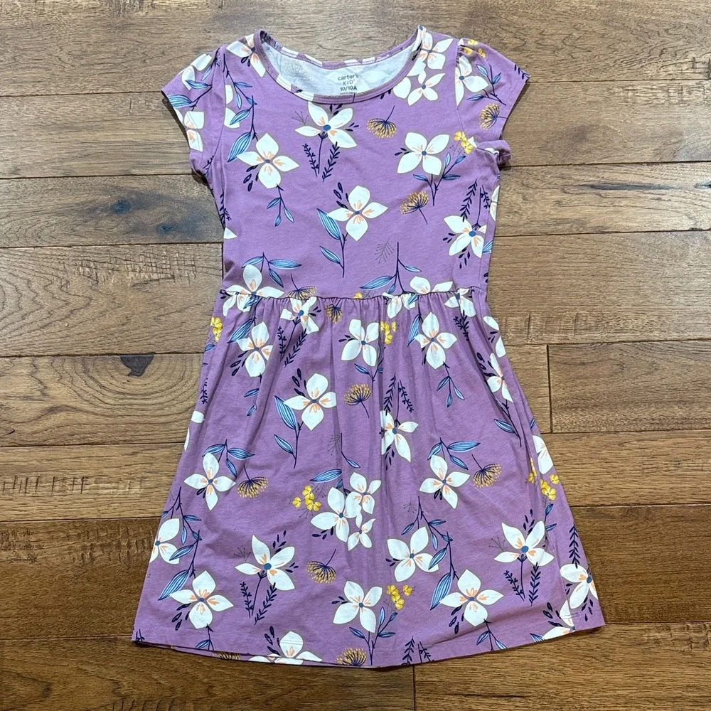Carter’s Kid Girls Short-Sleeve Flowered Purple Dress - Size 10/10A